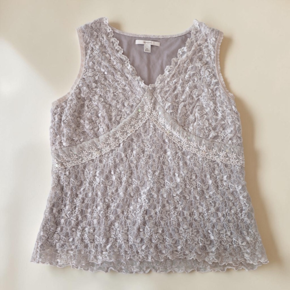 Merona Lace Tank Top Sequin Embroidered Lavender Gray XL Romantic
